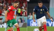 This combination picture created on December 12, 2022 during the Qatar 2022 World Cup shows Morocco's defender Achraf Hakimi (left) on December 6, 2022 and France's forward Kylian Mbappe, in Doha on November 26, 2022. (Photo by Jack GUEZ and Franck FIFE / AFP)