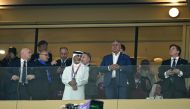 FIFA President Gianni Infantino, the president of the Qatar Football Association Hamad Bin Khalifa Bin Ahmed Al-Thani, the Argentine Football Association's (AFA) President Claudio Tapia and Conmebol's President Alejandro Dominguez wait for the start of the Qatar 2022 World Cup semi-final match between Argentina and Croatia at Lusail Stadium in Lusail on December 13, 2022. (Photo by JUAN MABROMATA / AFP)