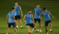 Argentina’s players take part in a training session at the Qatar University training site 3 in Doha yesterday. AFP