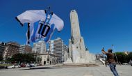 An-18-meter long Argentina shirt featuring soccer star Lionel Messi's surname is displayed at the Monumento a la Bandera (The National Flag Memorial), in Rosario, Argentina, December 16, 2022. REUTERS/Agustin Marcarian 