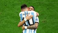 Argentina's Lionel Messi celebrates scoring their first goal with Angel Di Maria REUTERS/Bernadett Szabo