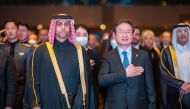 Qatar Ambassador to Korea Khalid bin Ibrahim Al-Hamar (first from left) and Minister of Culture, Sports, and Tourism Park Bo-gyoon attend Qatar’s National Day at the Shilla Hotel in Seoul on Tuesday. (Embassy of the State of Qatar in Seoul)
