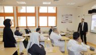 Minister of Education and Higher Education H E Buthaina bint Ali Al Jabr Al Nuaimi visiting a classroom at a government school in Al Shahaniya yesterday. 