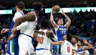 Dallas Mavericks guard Luka Doncic (77) scores near the end of the fourth quarter against the New York Knicks at American Airlines Center. Kevin Jairaj-USA TODAY Sports