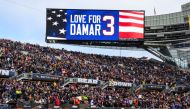 A display is shown honoring Buffalo Bills Safety Damar Hamlin before the game between the Chicago Bears and the Minnesota Vikings at Soldier Field. (Daniel Bartel-USA TODAY Sports via Reuters)