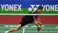 Denmark's Viktor Axelsen hits a return against Indonesia's Jonathan Christie during their men's singles semifinal badminton match of the Yonex Sunrise India Open 2023 in New Delhi on January 21, 2023. (Photo by Shashi Shekhar Kashyap / AFP)