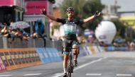 In this file photo taken on October 13, 2020 Team Bora rider Slovakia's Peter Sagan celebrates as he crosses the finish line in the 10th stage of the Giro d'Italia 2020 cycling race, a 177-kilometer route between Lanciano and Tortoreto. Photo by Luca Bettini / AFP