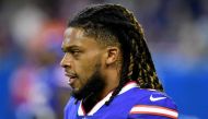 Buffalo Bills safety Damar Hamlin warms up before a game against the Cleveland Browns at Ford Field. / Lon Horwedel-USA TODAY Sports/File Photo