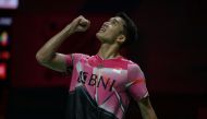 Indonesia's Jonatan Christie celebrates beating compatriot Chico Aura Dwi Wardoyo during the men's singles final match of the Daihatsu Indonesia Masters 2023 in Jakarta on January 29, 2023. (Photo by Bay Ismoyo / AFP)