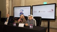 Prof. Dr. Khalid bin Ibrahim Al Sulaiti (centre), Katara General Manager; Global Public Diplomacy Network (GPDNet) Secretary-General and KPDC CEO, Engr. Darwish Ahmed Al Shaibani (right); and QU Gulf Studies Center Director, Dr. Mahjoub Zweiri during a press conference on Sunday.