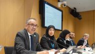 Minister of Public Health  H E Dr. Hanan Mohamed Al Kuwari (second lef), WHO Director-General Dr. Tedros Adhanom Ghebreyesus (first left) and other officials during the second Sport for Health Steering Committee meeting in Geneva.