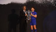 January 23, 2023 France's Antoine Dupont and head coach Fabien Galthie pose with the Six Nations trophy during the launch. File Photo: Action Images via Reuters/Matthew Childs