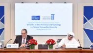 Dr. Salem Al Naemi, President of UDST and Dr. Mohamed Lachemi, President and Vice-Chancellor of Toronto Metropolitan University signing the MoU. 