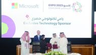 Expo 2023 Secretary General, Mohammed Ali Al Khouri (right), Microsoft Qatar General Manager, Lana Khalaf (third left), along with other officials during the agreement signing ceremony between Expo 2023 and Microsoft, yesterday.