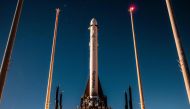 In this handout photo from Relativity Space obtained on March 10, 2023, the Terran 1 rocket can be seen on the launch pad at Launch Complex 16 in Cape Canaveral, Florida. (Photo by Handout / AFP) 