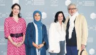 Director of Strategy and Development and Deputy Director Hanaa Issa, DFI CEO Fatma Al Remaihi, Qumra Master Lynne Ramsay and DFI Artistic Advisor Elia Suleiman attend the Qumra Master Photocall on day two of Qumra 2023. 