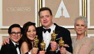 (From L) Best Actor in a Supporting Role US-Vietnamese actor Ke Huy Quan, Best Actress in a Leading Role Malaysian actress Michelle Yeoh, Best Actor in a Leading Role US actor Brendan Fraser, and Best Actress in a Supporting Role winner US actress Jamie Lee Curtis poses with their Oscar trophies in the press room during the 95th Annual Academy Awards at the Dolby Theatre in Hollywood, California on March 12, 2023. (Photo by Frederic J. Brown / AFP)