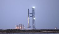 A view of the SpaceX Starship as it stands on the launch pad ahead of a flight test from Starbase in Boca Chica, Texas, early on April 17, 2023. Photo by Patrick T. Fallon / AFP