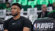 Giannis Antetokounmpo #34 of the Milwaukee Bucks sits on the bench before the start of Game One of the Eastern Conference First Round Playoffs against the Miami Heat at Fiserv Forum on April 19, 2023 in Milwaukee, Wisconsin. (Photo by Patrick McDermott / Getty Images via AFP)