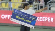 India's Neeraj Chopra celebrates after winning the javelin throw event at the Doha Diamond League, yesterday. Pictures. Rajan Vadakkemuriyil 