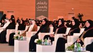 Minister of Education and Higher Education, H E Buthaina bint Ali Al Jabr Al Nuaimi (6th right); QU President Dr. Hassan Al Derham (5th right); Dean of the College of Education H E Dr. Hessa bint Hamad bin Khalifa Al Thani (3rd right); and others during the graduation ceremony of the College.