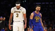 Jamal Murray #27 of the Denver Nuggets reacts to a play in front of Anthony Davis #3 of the Los Angeles Lakers during the second quarter in game three of the Western Conference Finals at Crypto.com Arena on May 20, 2023 in Los Angeles, California.  Harry How/ AFP
 