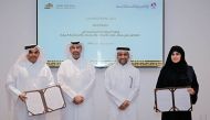 Minister of Environment and Climate Change H E Sheikh Dr. Faleh bin Nasser Al Thani (2nd left), President of QU Dr. Hassan Al Derham (2nd right), QU’s Vice President for Research and Graduate Studies Prof. Mariam Al Maadeed (right) and Assistant Undersecretary for Protection and Natural Reserves Affairs at the MOECC Dr. Ibrahim Abdullatif Al Maslamani (left) at the MoU signing ceremony.