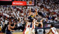 Nikola Jokic #15 of the Denver Nuggets shoots over Caleb Martin #16 of the Miami Heat during the second quarter in Game Four of the 2023 NBA Finals at Kaseya Center on June 09, 2023 in Miami, Florida. Photo by Mike Ehrmann / AFP