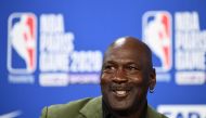 Former NBA star and owner of Charlotte Hornets team Michael Jordan looks on as he addresses a press conference ahead of the NBA basketball match between Milwakuee Bucks and Charlotte Hornets at The AccorHotels Arena in Paris on January 24, 2020. (Photo by Franck Fife / AFP)