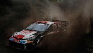 France's Sebastien Ogier and co-driver France's Vincent Landais steer their Toyota GR Yaris Rally1 Hybrid during the WRC Safari Rally Kenya, part of the FIA World Rally Championship, in Nakuru, Kenya, on June 24, 2023. (Photo by Yasuyoshi CHIBA / AFP)