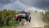 The No. 69 Toyota GR Yaris Rally1 Hybrid Electric vehicle is airbourne during the Rally Estonia.