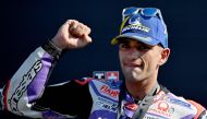 Prima Pramac's Spanish rider Jorge Martin celebrates his first place win in the sprint race of the San Marino MotoGP Grand Prix at the Misano World Circuit Marco-Simoncelli in Misano Adriatico on September 9, 2023. (Photo by Filippo MONTEFORTE / AFP)