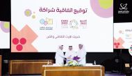 Minister of Municipality and Chairman of the Expo 2023 Committee H E Dr Abdullah bin Abdulaziz bin Turki Al Subaie (centre), Secretary-General of Expo 2023 Doha Mohammed Al Khouri (right) and Qatar Museums Acting CEO Mohammed Saad Al Rumaihi during partnership agreement signing ceremony at the headquarters of the Ministry, yesterday. 