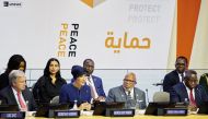 Chairperson of Education Above All Foundation H H Sheikha Moza bint Nasser addresses an event held at UN headquarters in New York. UN Secretary-General H E António Guterres and other high-level officials also attended the event. PIC: Aisha Al Musallam