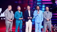 (L-R) Joey Fatone, Lance Bass, Justin Timberlake, JC Chasez, and Chris Kirkpatrick of *NSYNC speak onstage the 2023 MTV Video Music Awards at Prudential Center on September 12, 2023 in Newark, New Jersey. Theo Wargo/Getty Images for MTV/AFP 