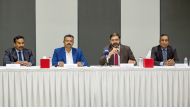 Dr. Sameer Moopan, Chairman and Managing Director (second right); Senil Jaffer, Director and Co-Founder (first right); Nikhil Joseph, Chief Operating Officer (second left) and Dr. Jacob Neil, medical doctor (first left) during Wellkins’ press conference at Crowne Plaza, yesterday.