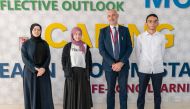 Abdelrahman Moustafa (right), Nour Houssam Baba and Sarah Bouhssine with DA schools Principal Edward Cooper (second right).