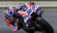 Prima Pramac's Spanish rider Jorge Martin steers his bike during the first practice session of the MotoGP Malaysian Grand Prix at the Sepang International Circuit in Sepang on November 10, 2023. (Photo by Mohd RASFAN / AFP)