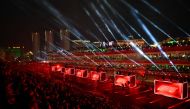 The Formula One track is lit ahead of the Las Vegas Grand Prix on November 15, 2023, in Las Vegas, Nevada. Photo by ANGELA WEISS / AFP