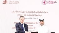 Dr. Ibrahim Al Kaabi, vice-president for academic affairs at QU, and Dr. Ammar Olabi, interim dean of the Faculty of Agricultural and Food Sciences at the AUB during the signing of the MoU.