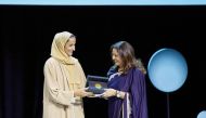 H E Sheikha Hind bint Hamad Al Thani, Vice Chairperson and CEO of Qatar Foundation, presenting the Wise Prize for Education to Safeena Husain, Founder and board member of Educate Girls at the 11th  WISE Summit, which began at Qatar National Convention Centre in Doha, yesterday.