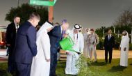 President of the Republic of Turkiye H E Recep Tayyip Erdogan with the Minister of Municipality and Chairman of the national committee for hosting the Expo 2023 Doha H E Dr. Abdullah bin Abdulaziz bin Turki Al Subaie (second left) and other officials during the visit.