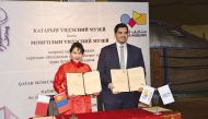 Director of National Museum of Qatar, Sheikh Abdulaziz Al Thani (right) with Director of the National Museum of Mongolia, Dulamjav Munhktogoo during the MoU signing ceremony. 