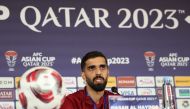 Captain Hassan Al-Haydos addressing the press. Pic: Qatar Football Association 