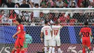 Jordan's defender #17 Salem al-Ajalin reacts after his teammate defender #05 Yazan al-Arab conceded an own goal during the Qatar 2023 AFC Asian Cup Group E football match between Jordan and South Korea at the Al-Thumama Stadium in Doha on January 20, 2024. (Photo by HECTOR RETAMAL / AFP)