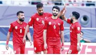 Bahrain players celebrate after scoring a goal. PIC: Rajan Vadakkemuriyil