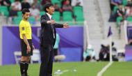 Japan’s coach Hajime Moriyasu reacts during the Asian Cup last 16 match against Bahrain on Wednesday. AFP