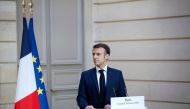 French President Emmanuel Macron speaks during a joint statement with Jordan's king at the Elysee Palace in Paris, on February 16, 2024. (Photo by Yoan VALAT / POOL / AFP)
