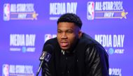 Giannis Antetokounmpo #34 of the Milwaukee Bucks speaks with the media at Gainbridge Fieldhouse on February 17, 2024 in Indianapolis, Indiana. (Photo by Stacy Revere / GETTY IMAGES NORTH AMERICA / Getty Images via AFP)
