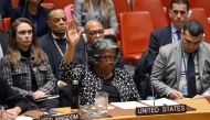 US Ambassador to the UN Linda Thomas-Greenfield casts a veto vote during a UN Security Council meeting on the Israel-Hamas war, at UN Headquarters in New York City on February 20, 2024. (Photo by ANGELA WEISS / AFP)
